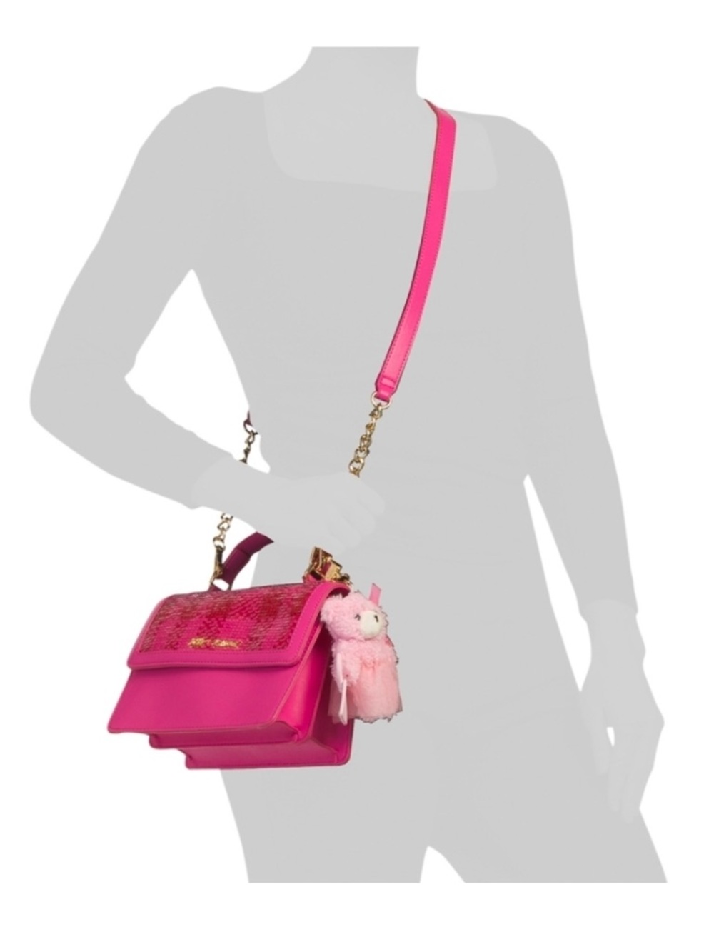 BETSEY Johnson MYLO PINK SEQUIN satchel CROSSBODY BAG pink teddy BEAR bag CHARM - Picture 11 of 13